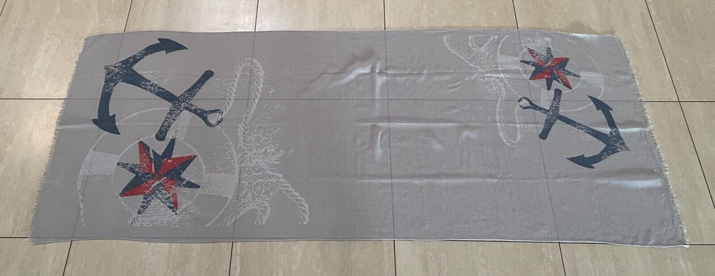 Neck Scarf Fringed Wrap Light Grey Nautical Theme Print Rectangle Shawl