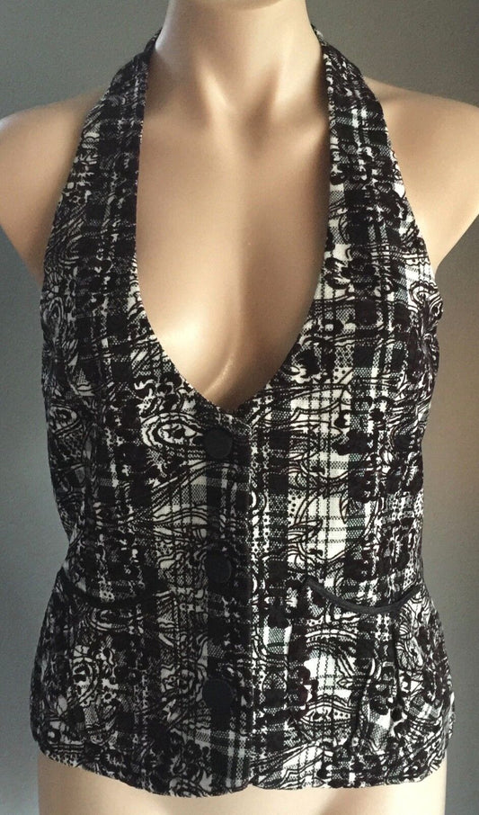 SMITH & MILES Vest Check & Floral Print Fitted Halter Neck Top Size 12 Vintage