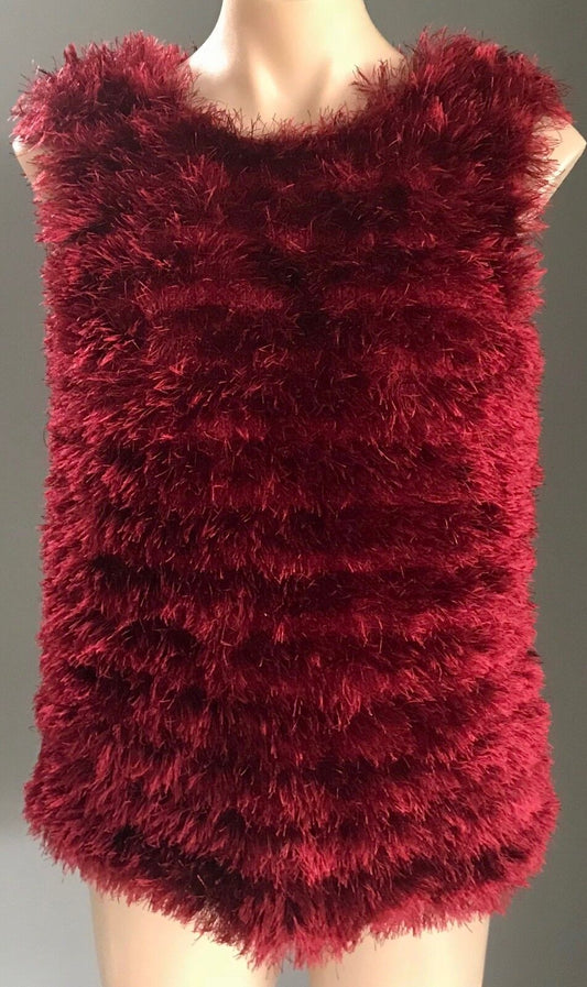 Knit Vest Fluffy Faux Fur Eyelash Sleeveless Thick Pullover Cerise Red Pink