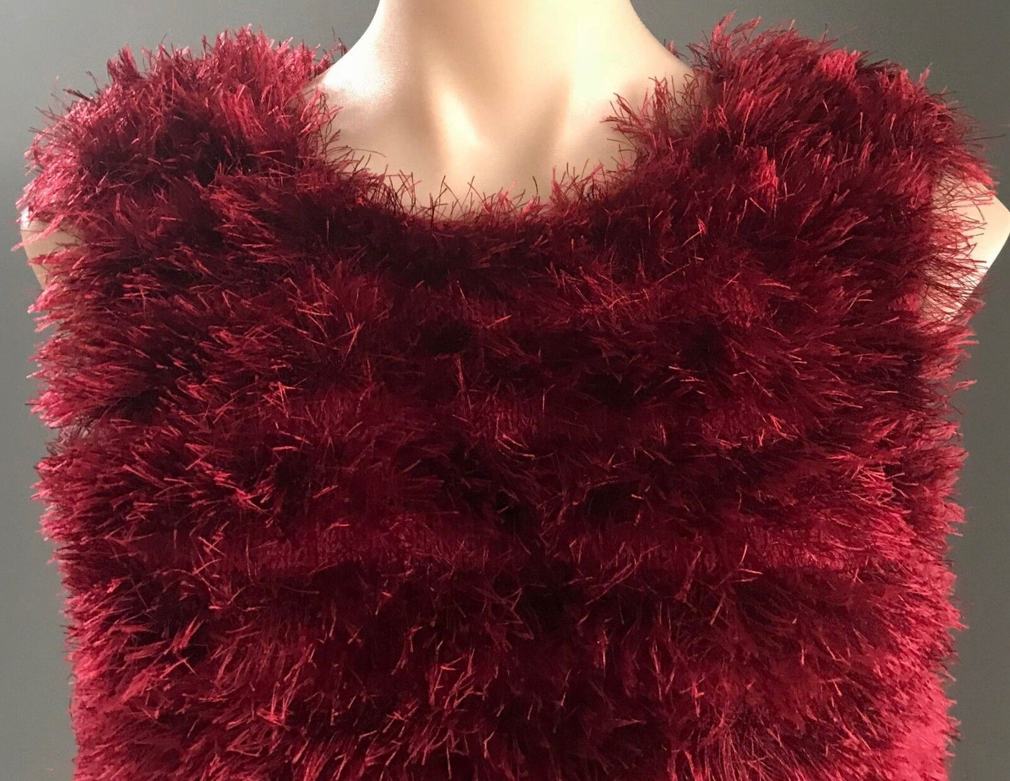 Knit Vest Fluffy Faux Fur Eyelash Sleeveless Thick Pullover Cerise Red Pink