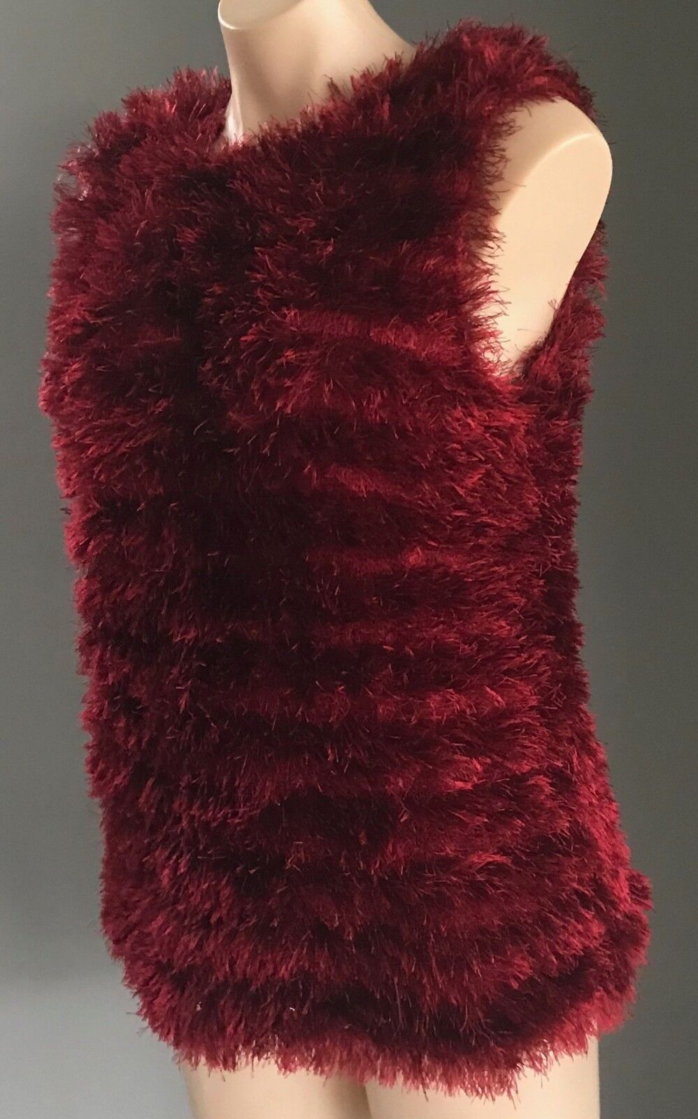 Knit Vest Fluffy Faux Fur Eyelash Sleeveless Thick Pullover Cerise Red Pink