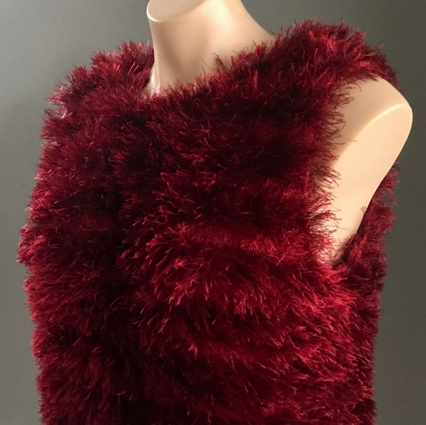 Knit Vest Fluffy Faux Fur Eyelash Sleeveless Thick Pullover Cerise Red Pink