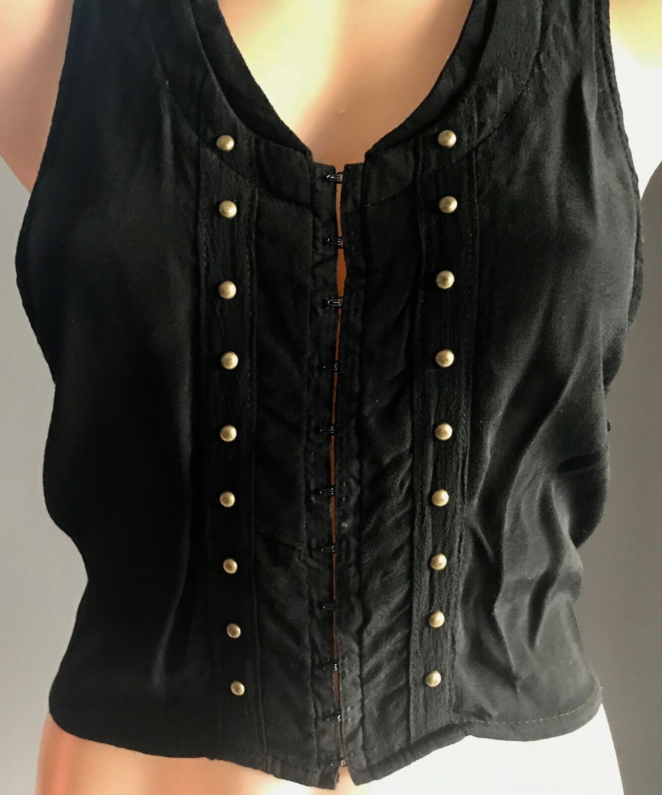 THIS IS GENEVIEVE Vest Black & Bronze Stud Sleeveless Crop Top  Size 10 12 NEW
