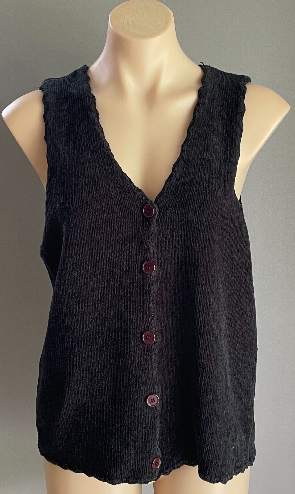 LAUREN ESSENTIALS Velour Knit Vest Black Sleeveless Button Front Size S 12