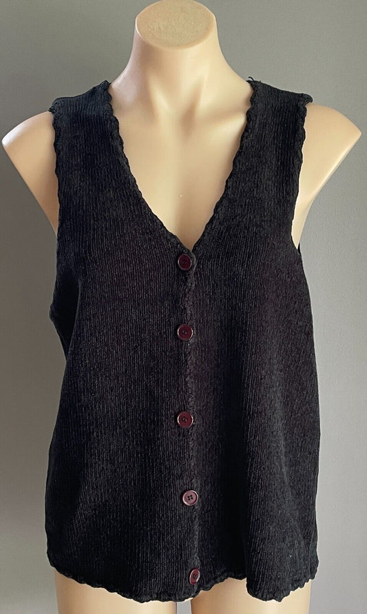 LAUREN ESSENTIALS Velour Knit Vest Black Sleeveless Button Front Size S 12