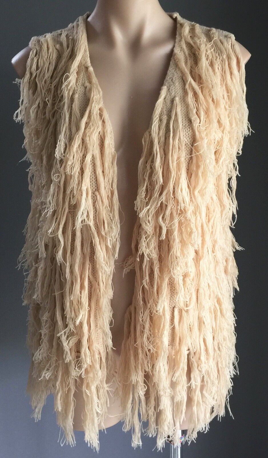 SABO SKIRT "Amity" Fringed Vest Sleeveless Beige Raw Knit Size S 10 NEW