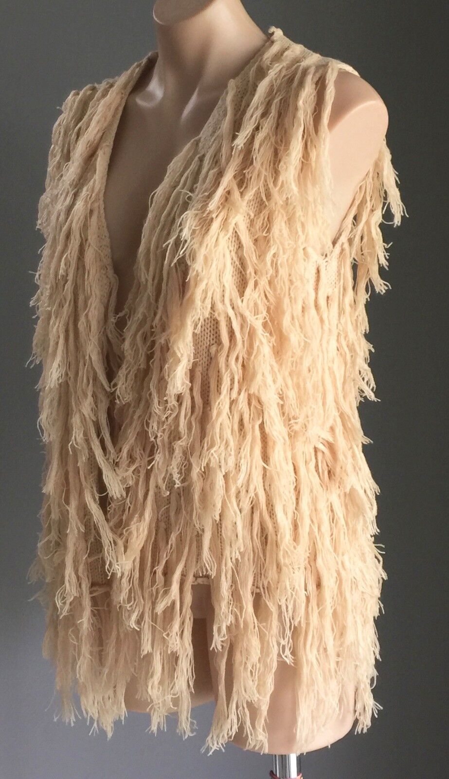 SABO SKIRT "Amity" Fringed Vest Sleeveless Beige Raw Knit Size S 10 NEW