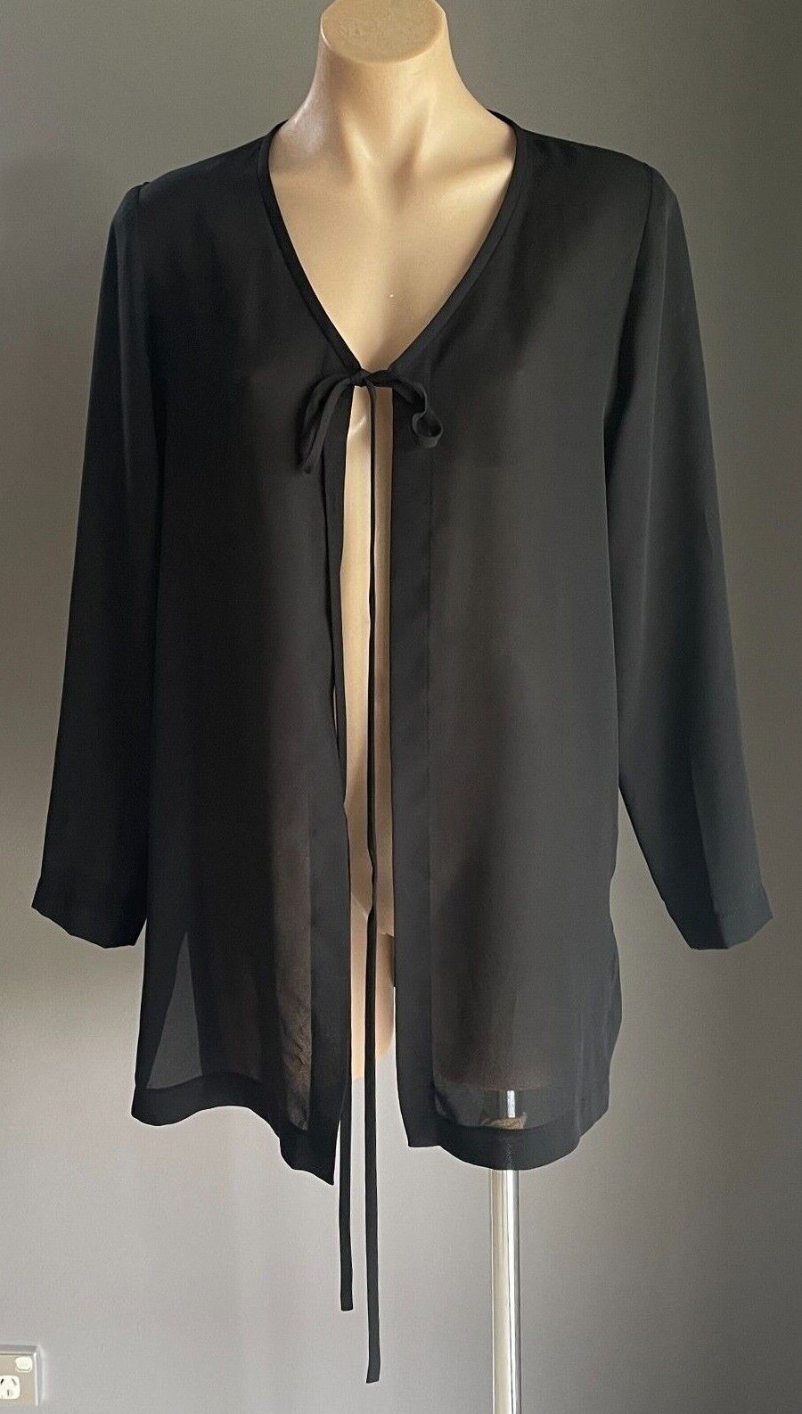 PETER METCHEV Open Top Tie Front Black Semi Sheer Long Sleeve Size 10 Vintage