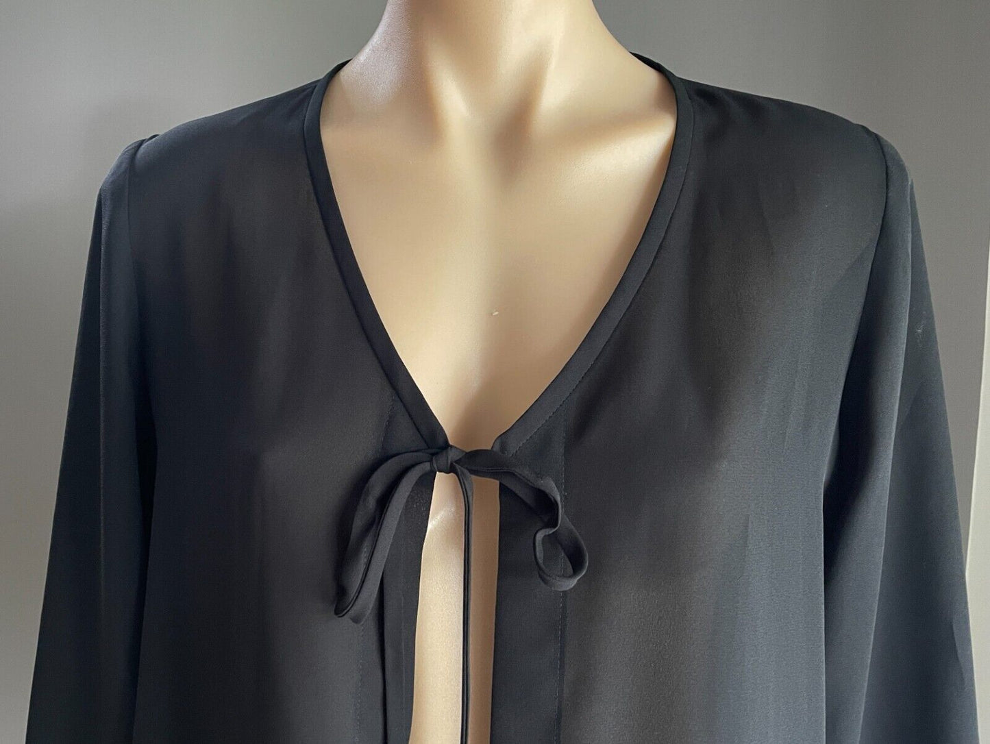 PETER METCHEV Open Top Tie Front Black Semi Sheer Long Sleeve Size 10 Vintage