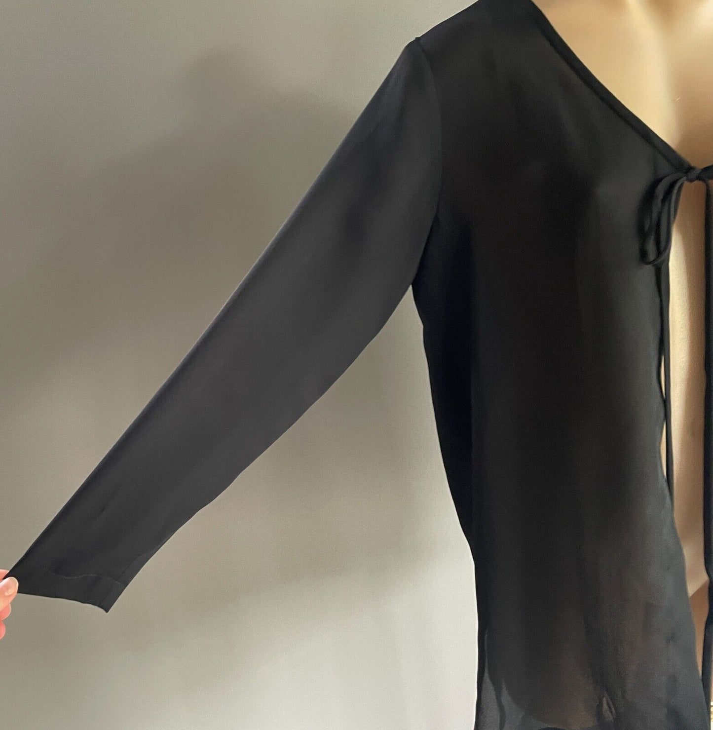 PETER METCHEV Open Top Tie Front Black Semi Sheer Long Sleeve Size 10 Vintage