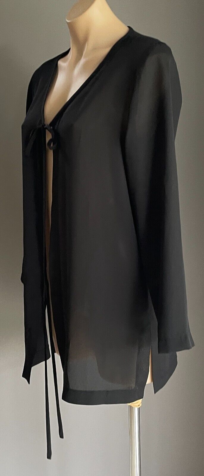 PETER METCHEV Open Top Tie Front Black Semi Sheer Long Sleeve Size 10 Vintage