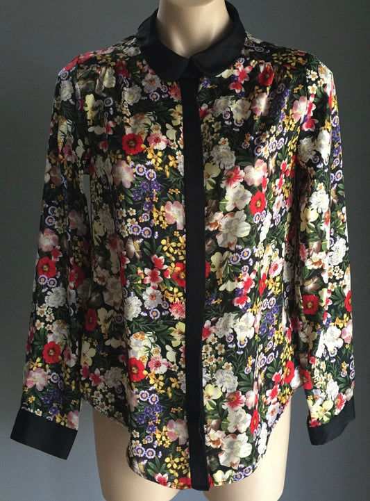 NEW LOOK Satiny Button Up Shirt Long Sleeve Bright Floral Top Blouse Size 10 UK