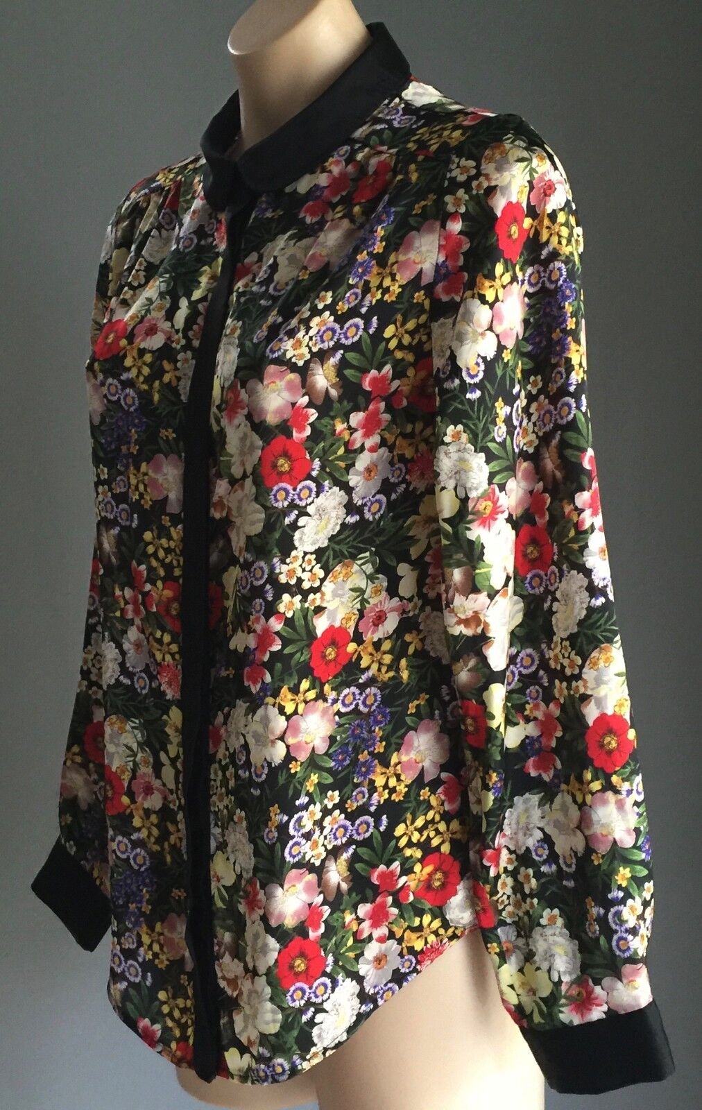 NEW LOOK Satiny Button Up Shirt Long Sleeve Bright Floral Top Blouse Size 10 UK