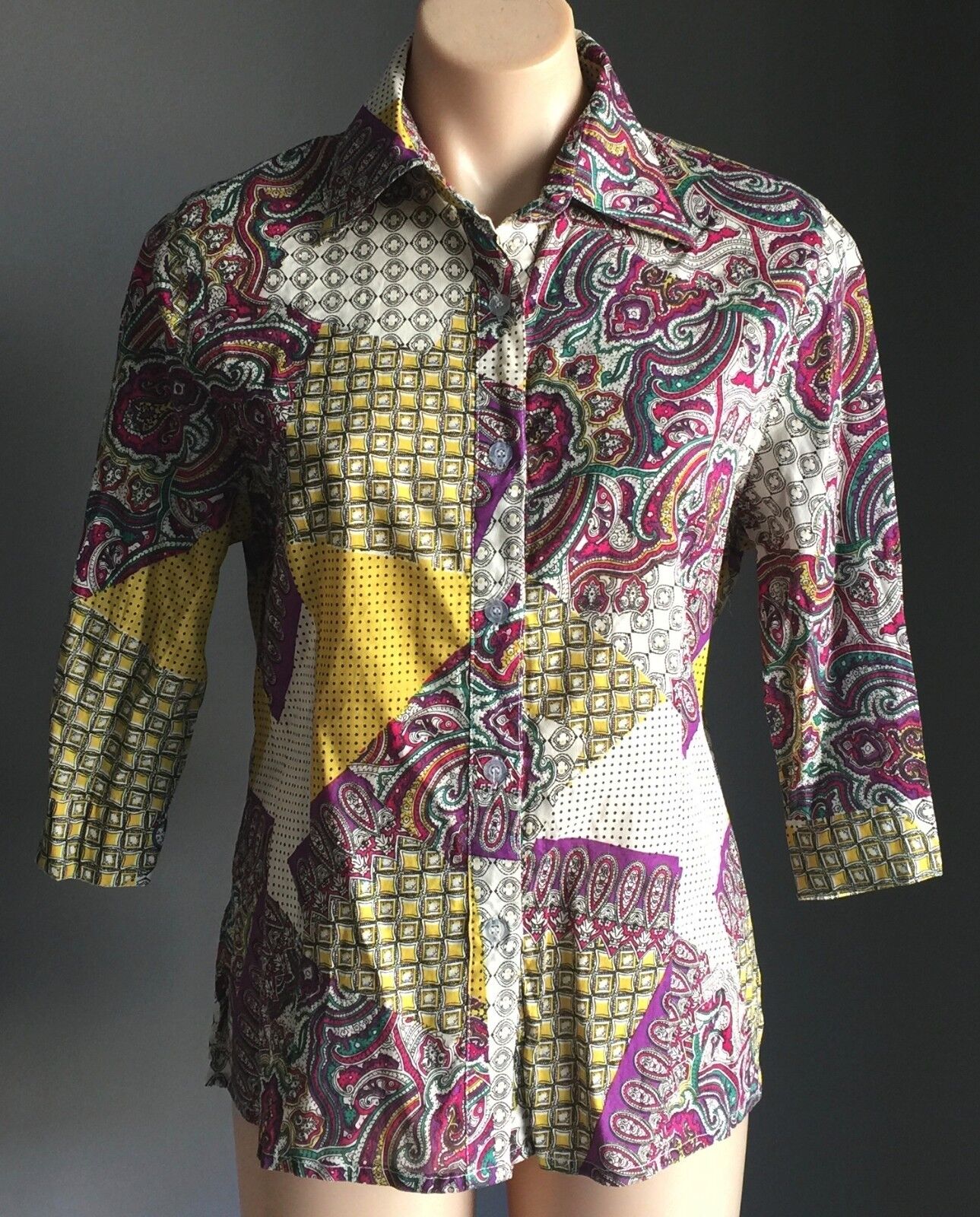 COTTON CONNECTION Top Button Shirt Patchwork 3/4 Sleeve Paisley Size S 10 NEW