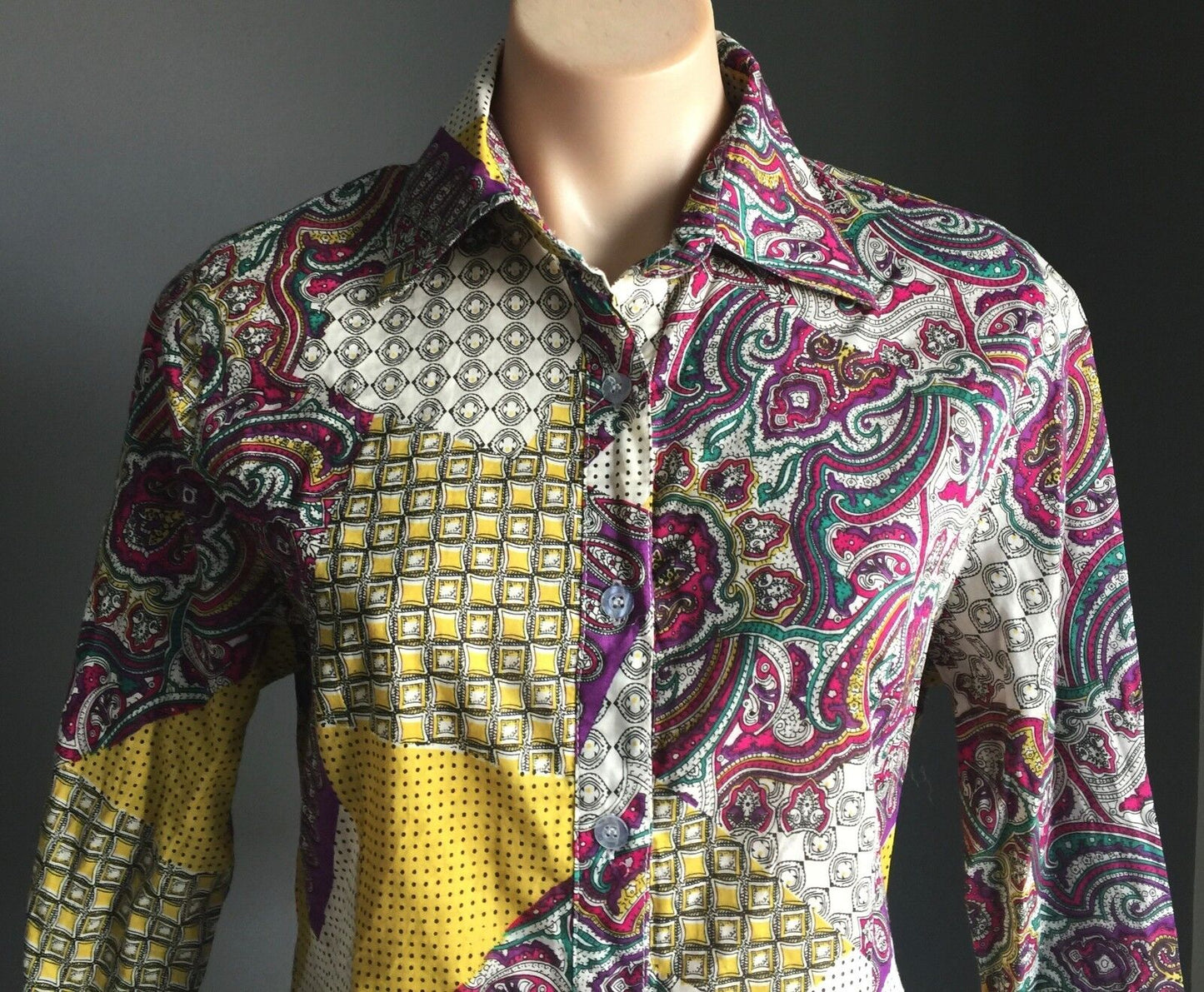 COTTON CONNECTION Top Button Shirt Patchwork 3/4 Sleeve Paisley Size S 10 NEW