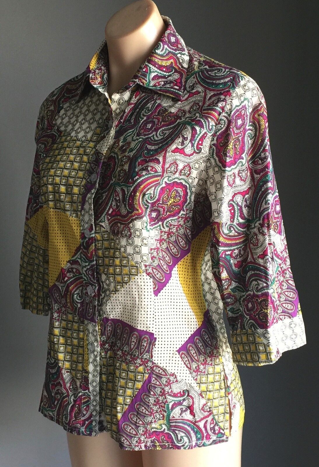 COTTON CONNECTION Top Button Shirt Patchwork 3/4 Sleeve Paisley Size S 10 NEW