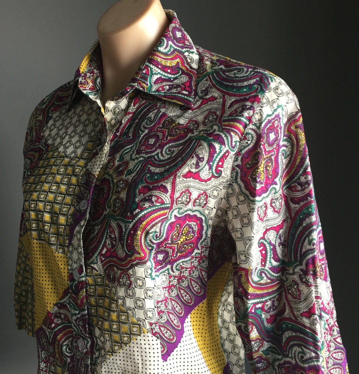 COTTON CONNECTION Top Button Shirt Patchwork 3/4 Sleeve Paisley Size S 10 NEW