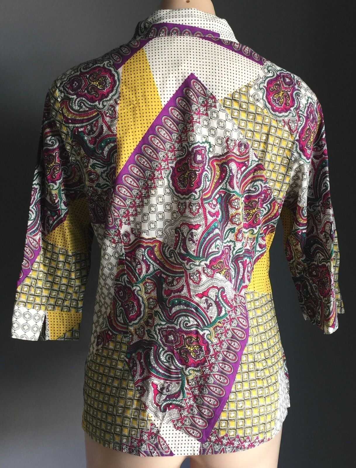 COTTON CONNECTION Top Button Shirt Patchwork 3/4 Sleeve Paisley Size S 10 NEW