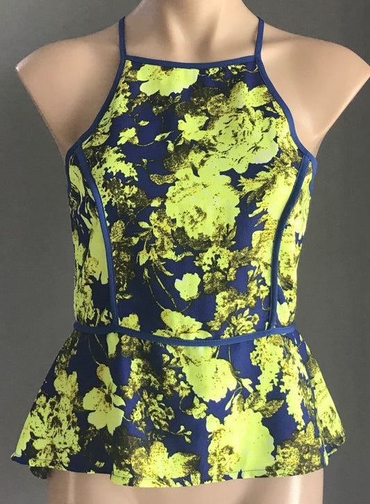 IMPRINT Top Cobalt Blue Neon Citrine Floral Sleeveless Blouse Size 10
