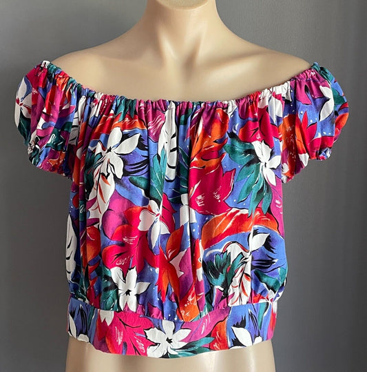 NICOLE EARTH Top Bright Floral Elastic Shoulder Blouse Size 10 Vintage 1980 90s