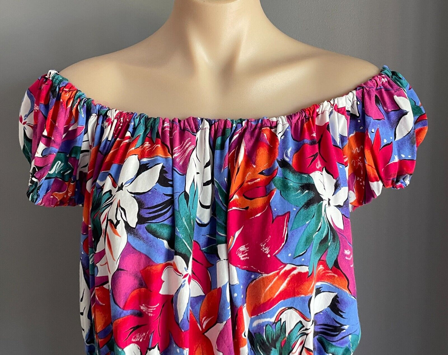 NICOLE EARTH Top Bright Floral Elastic Shoulder Blouse Size 10 Vintage 1980 90s