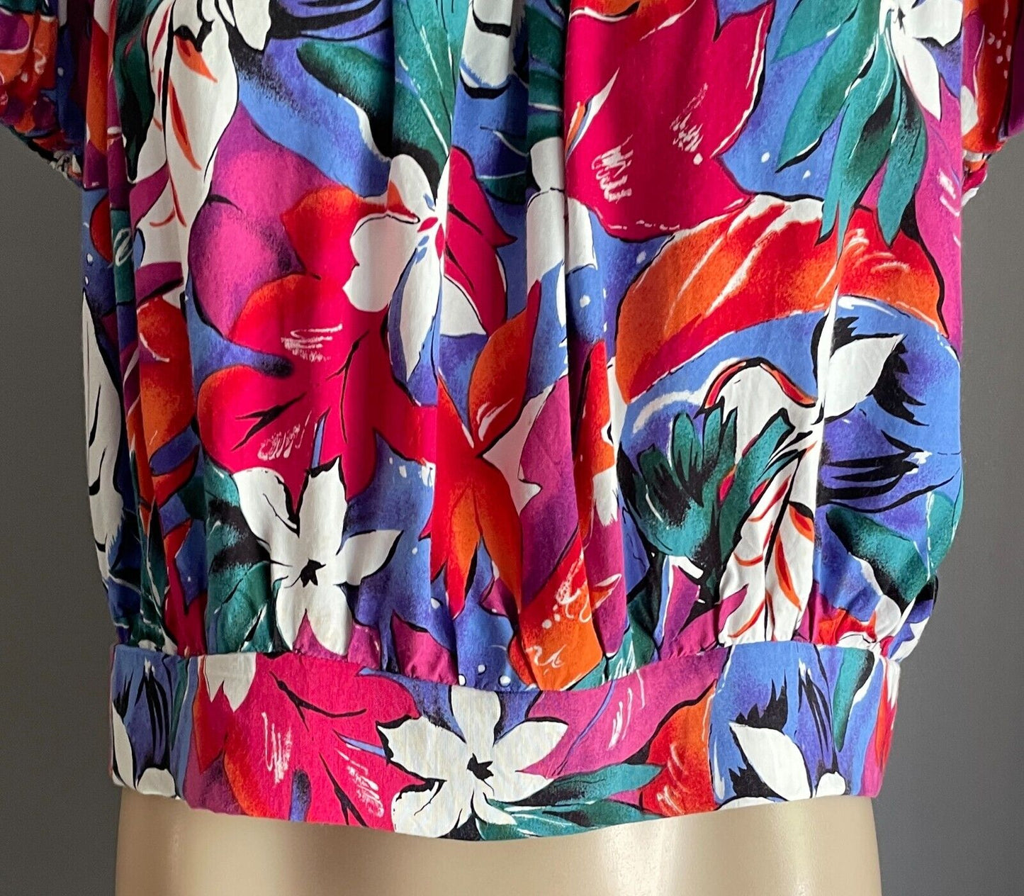 NICOLE EARTH Top Bright Floral Elastic Shoulder Blouse Size 10 Vintage 1980 90s