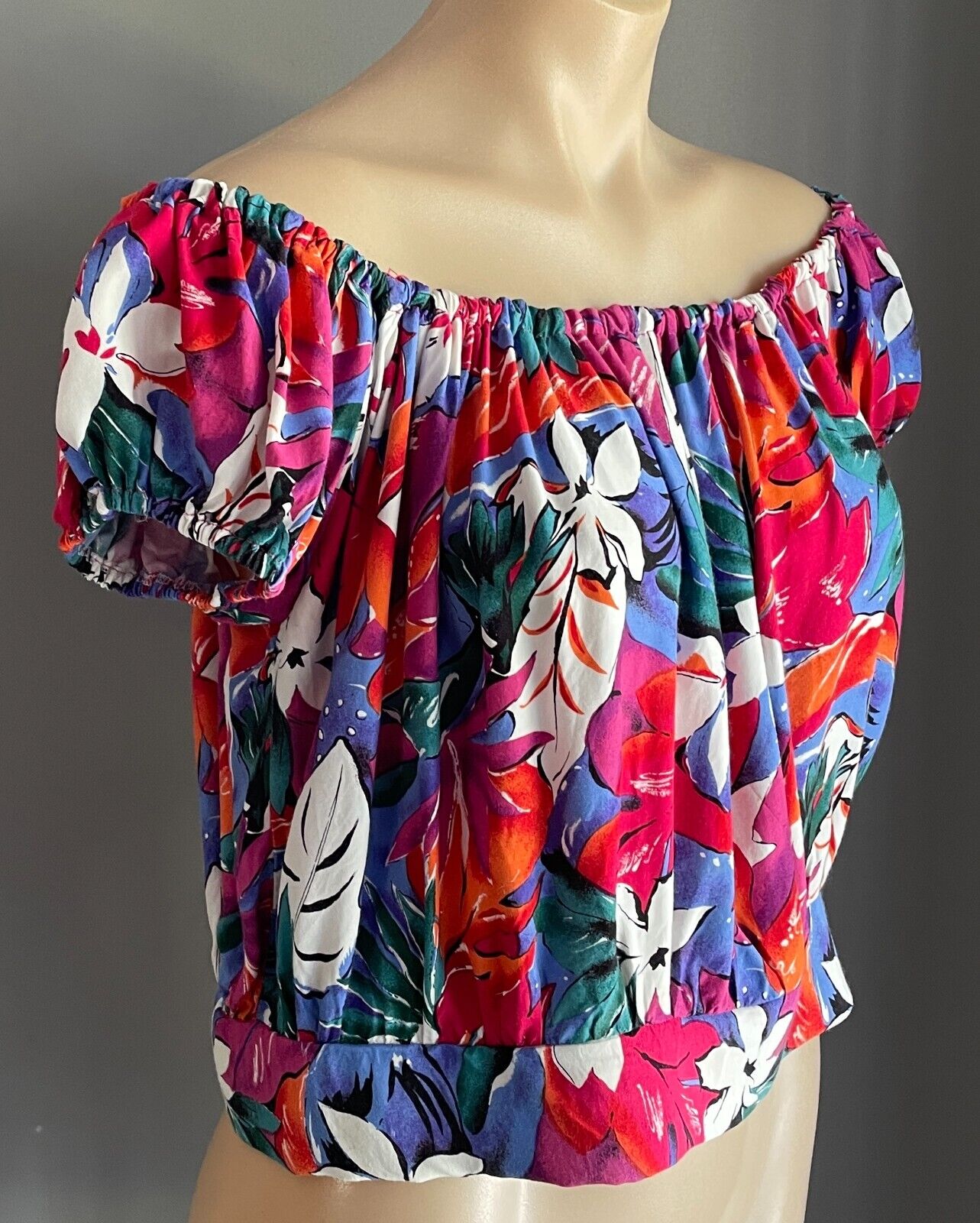 NICOLE EARTH Top Bright Floral Elastic Shoulder Blouse Size 10 Vintage 1980 90s