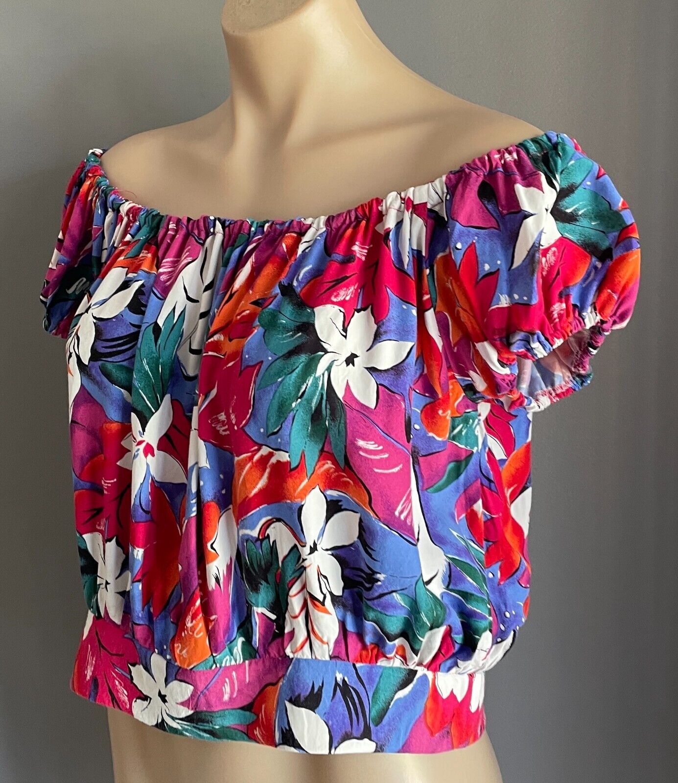 NICOLE EARTH Top Bright Floral Elastic Shoulder Blouse Size 10 Vintage 1980 90s