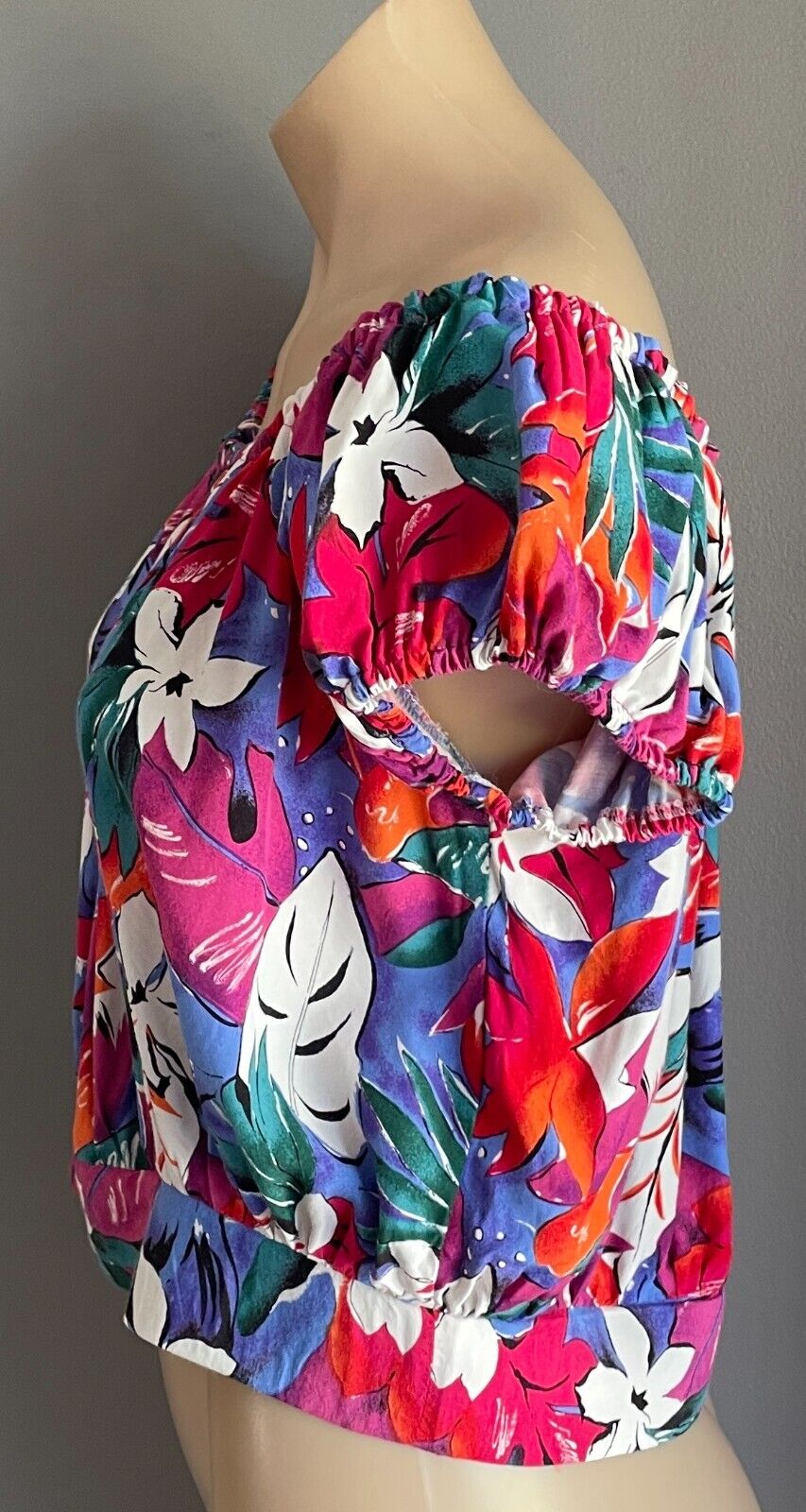 NICOLE EARTH Top Bright Floral Elastic Shoulder Blouse Size 10 Vintage 1980 90s