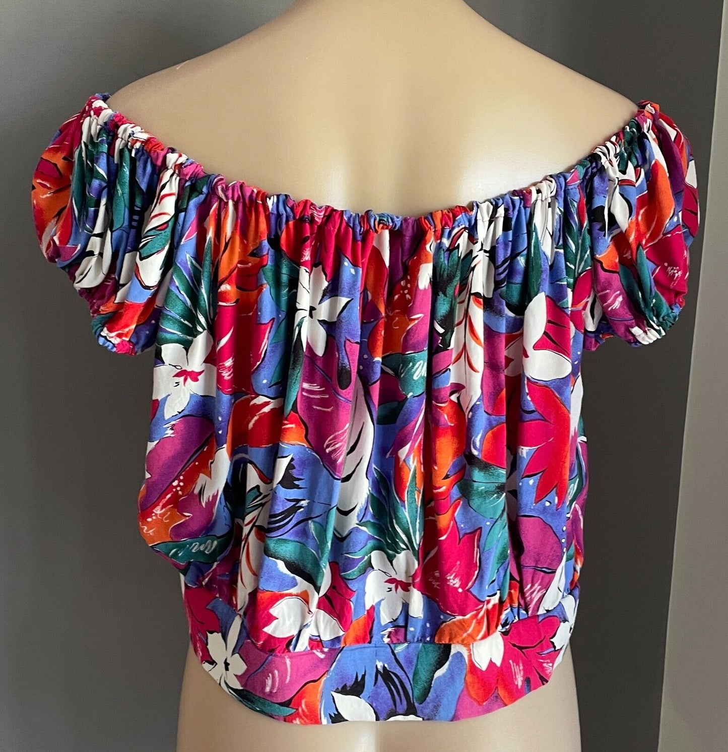 NICOLE EARTH Top Bright Floral Elastic Shoulder Blouse Size 10 Vintage 1980 90s