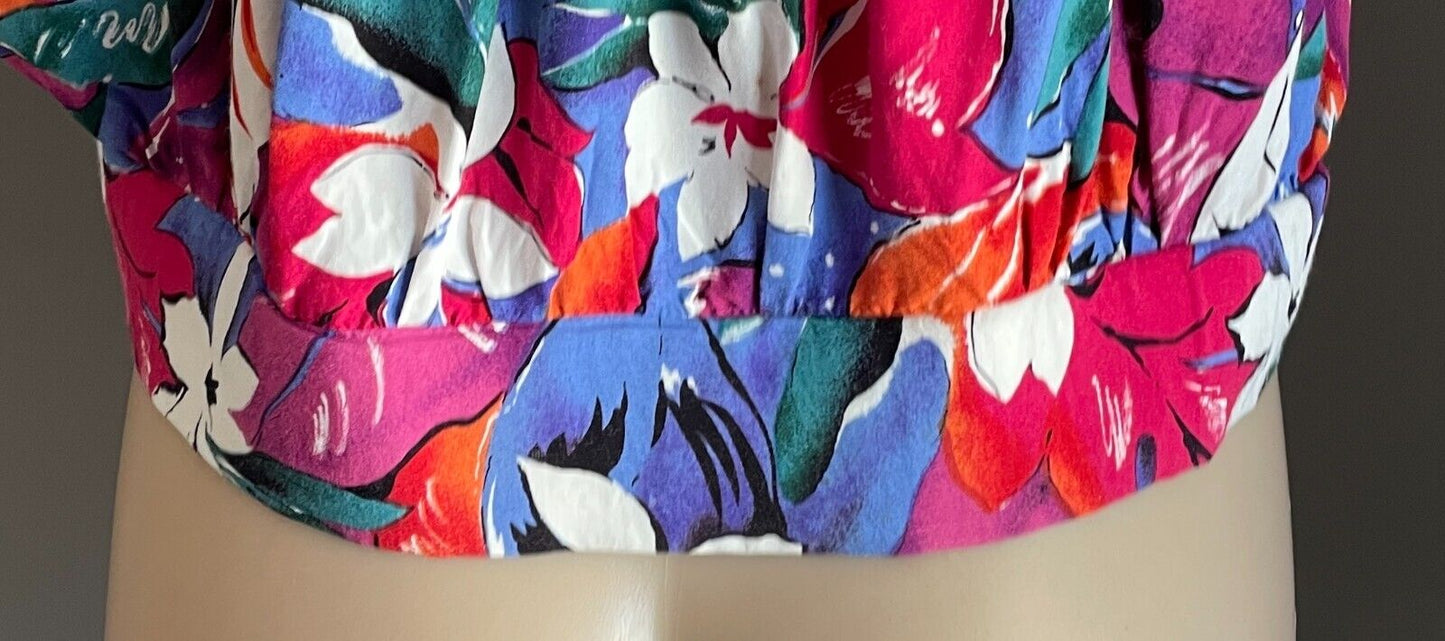 NICOLE EARTH Top Bright Floral Elastic Shoulder Blouse Size 10 Vintage 1980 90s