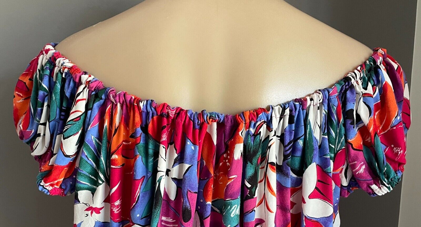 NICOLE EARTH Top Bright Floral Elastic Shoulder Blouse Size 10 Vintage 1980 90s