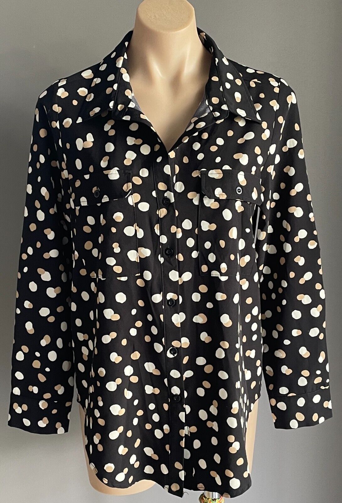 CAROLINE MORGAN Top L/Sleeve Blouse Black Beige Ivory Irregular Spot Pattern 10
