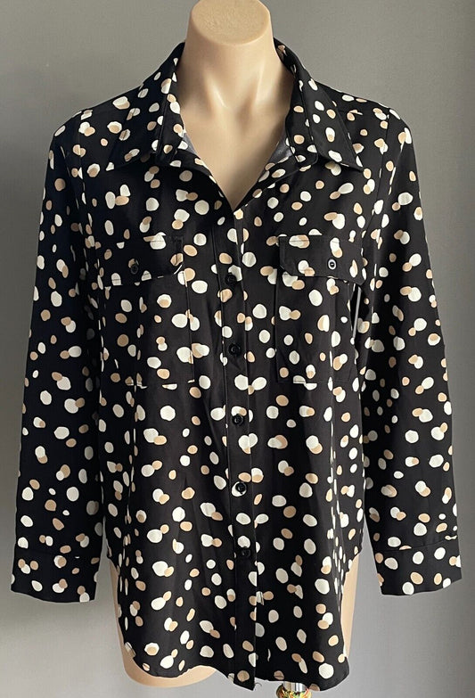 CAROLINE MORGAN Top L/Sleeve Blouse Black Beige Ivory Irregular Spot Pattern 10