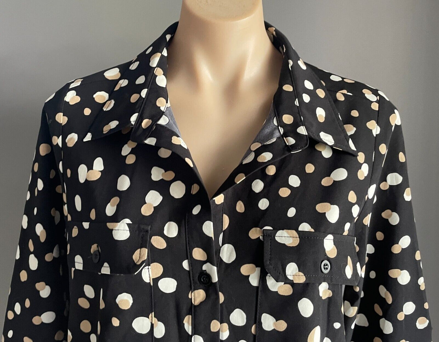 CAROLINE MORGAN Top L/Sleeve Blouse Black Beige Ivory Irregular Spot Pattern 10
