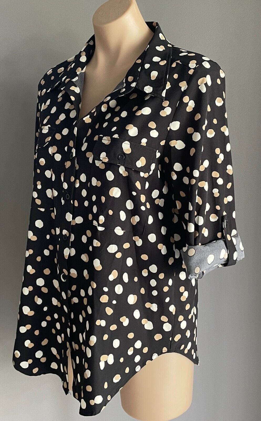 CAROLINE MORGAN Top L/Sleeve Blouse Black Beige Ivory Irregular Spot Pattern 10