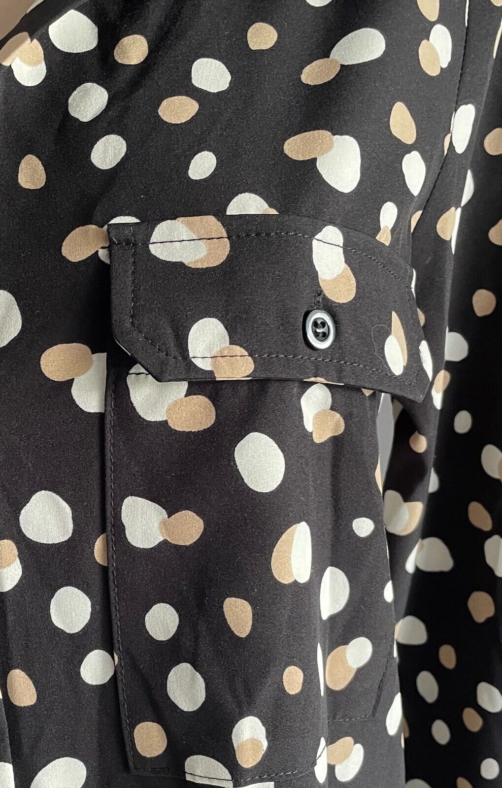 CAROLINE MORGAN Top L/Sleeve Blouse Black Beige Ivory Irregular Spot Pattern 10