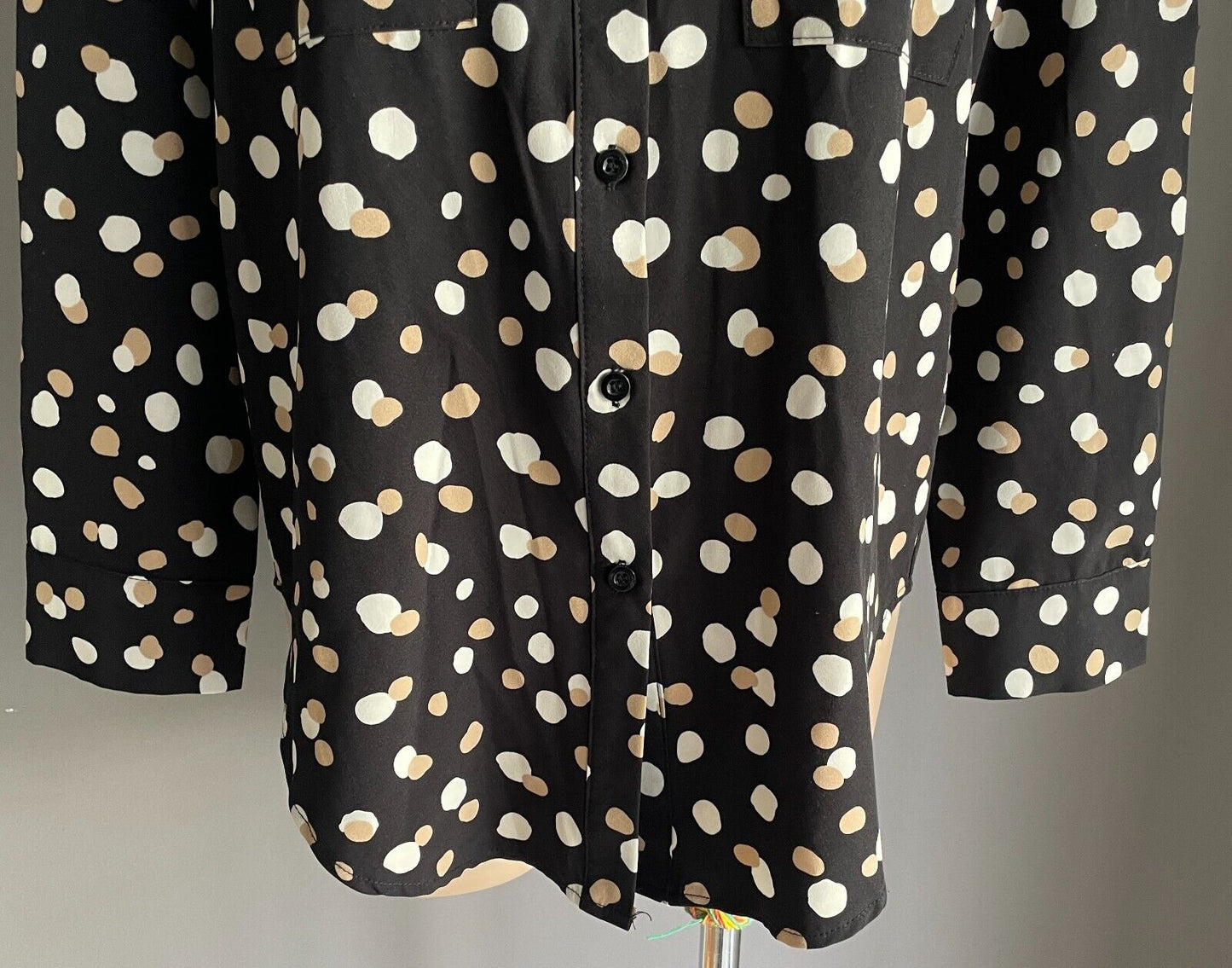 CAROLINE MORGAN Top L/Sleeve Blouse Black Beige Ivory Irregular Spot Pattern 10