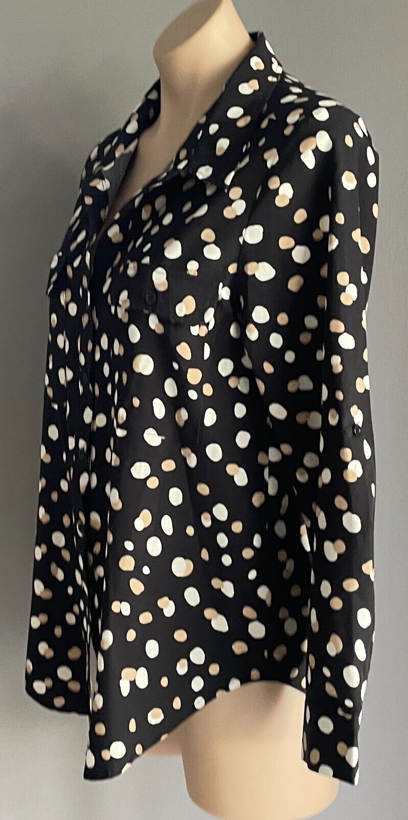 CAROLINE MORGAN Top L/Sleeve Blouse Black Beige Ivory Irregular Spot Pattern 10