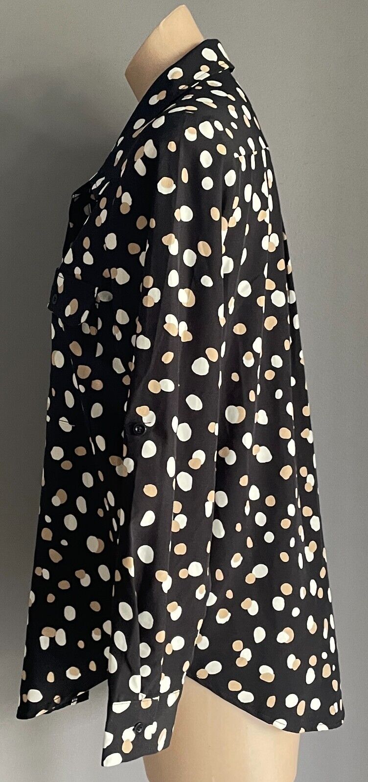 CAROLINE MORGAN Top L/Sleeve Blouse Black Beige Ivory Irregular Spot Pattern 10