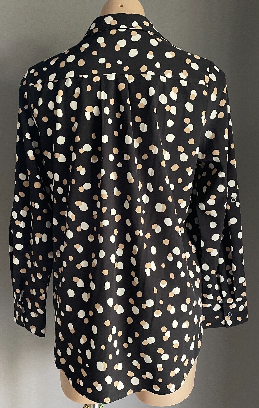 CAROLINE MORGAN Top L/Sleeve Blouse Black Beige Ivory Irregular Spot Pattern 10
