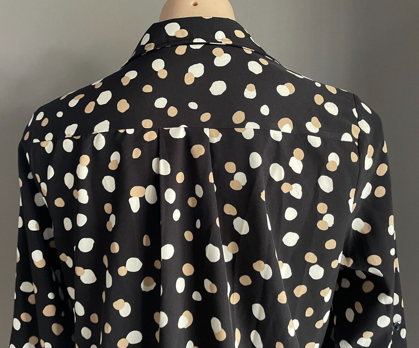 CAROLINE MORGAN Top L/Sleeve Blouse Black Beige Ivory Irregular Spot Pattern 10