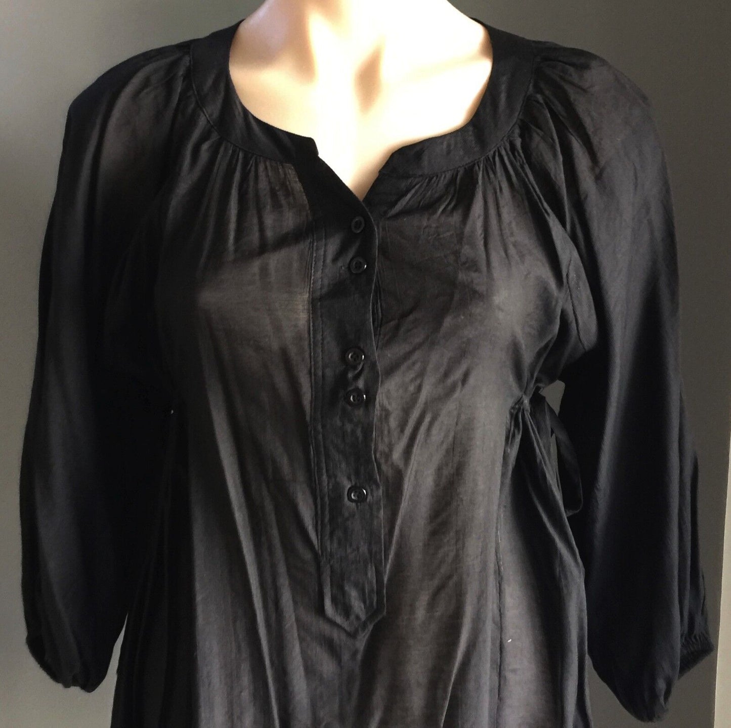 J & J Tunic Top Mini Dress Black Semi Sheer Black Prairie PolyCotton Size 10  12