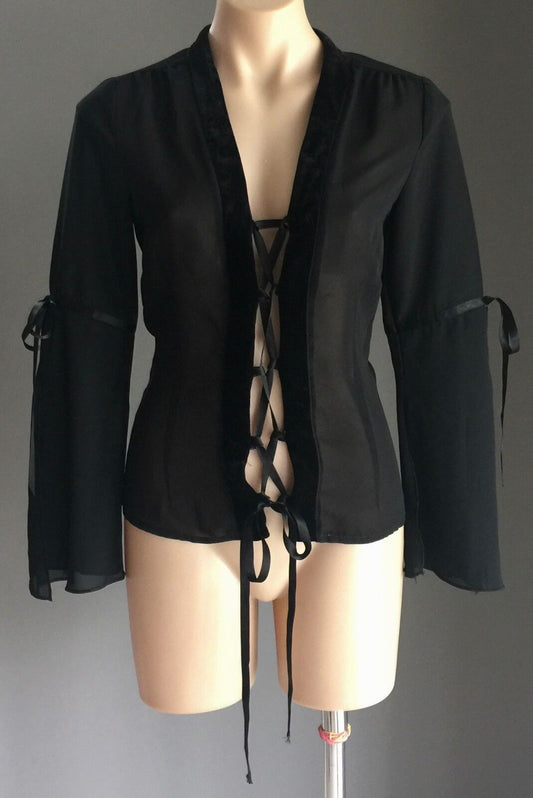 NEW YORK Blouse Black Lace Up Sheer Bell Sleeve w Velour Trim Top Size 8 10 NEW