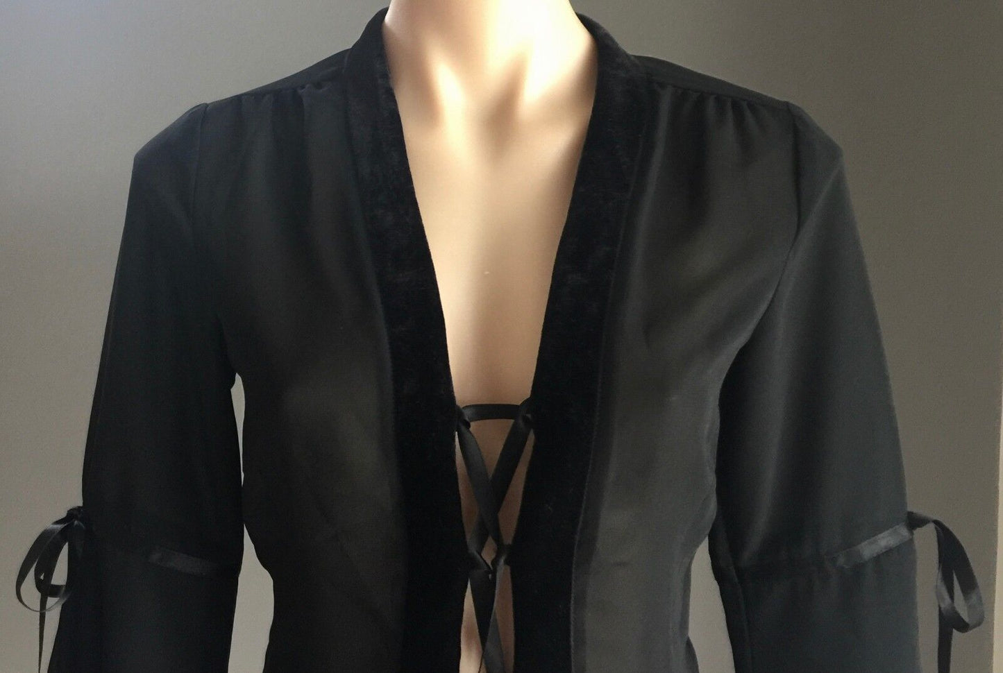 NEW YORK Blouse Black Lace Up Sheer Bell Sleeve w Velour Trim Top Size 8 10 NEW