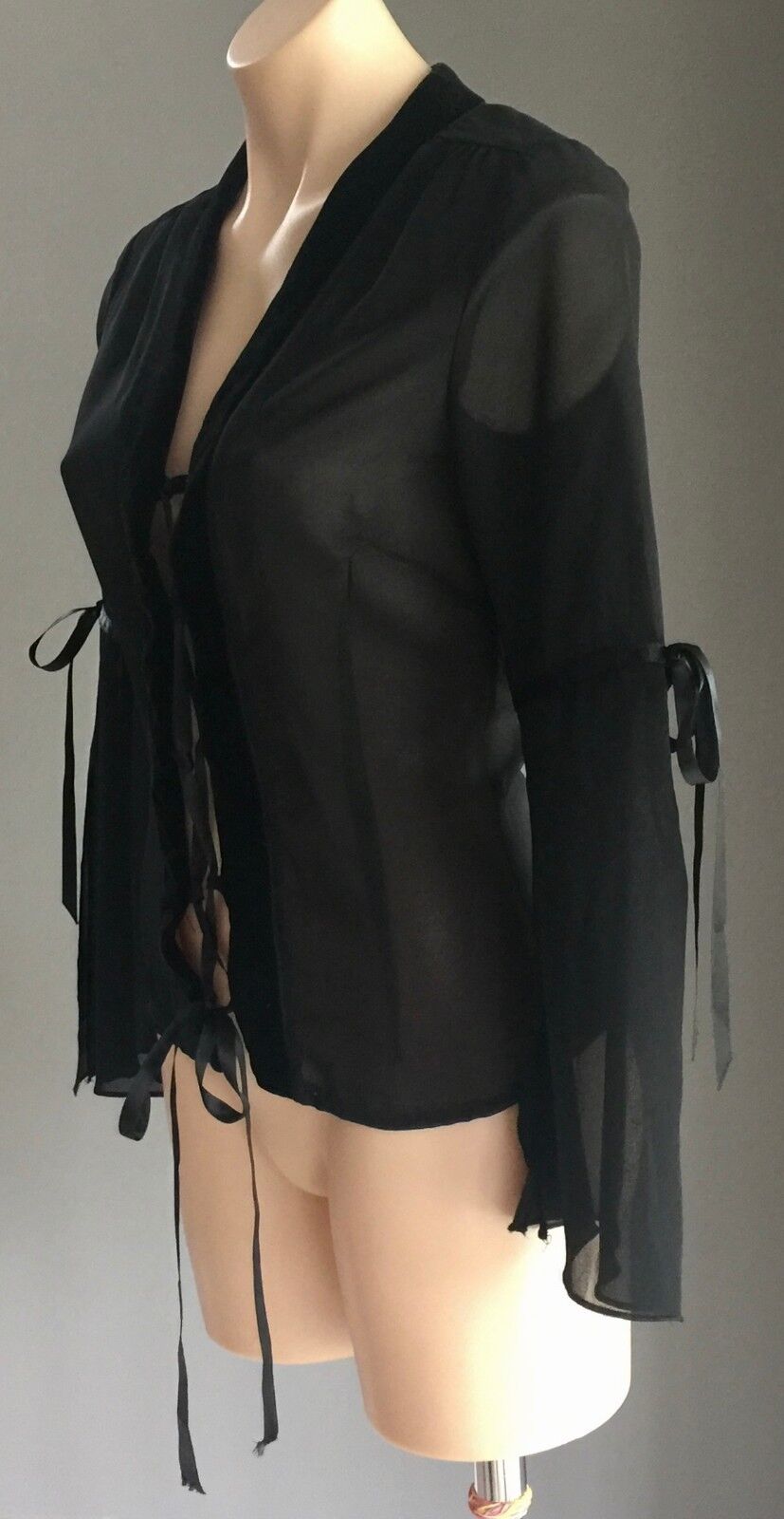 NEW YORK Blouse Black Lace Up Sheer Bell Sleeve w Velour Trim Top Size 8 10 NEW