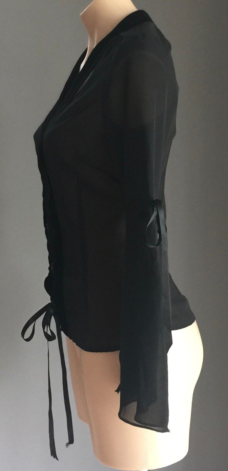 NEW YORK Blouse Black Lace Up Sheer Bell Sleeve w Velour Trim Top Size 8 10 NEW