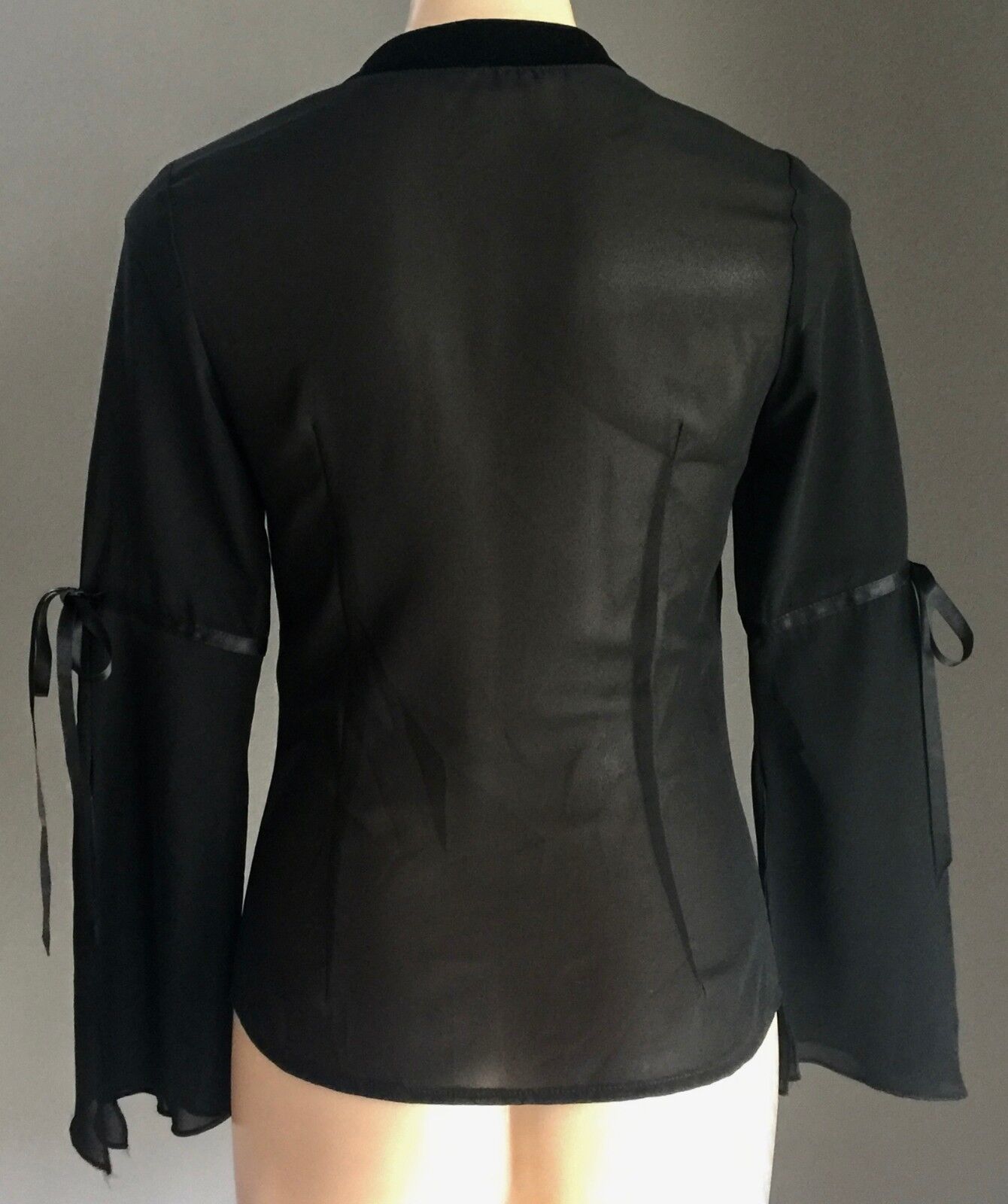 NEW YORK Blouse Black Lace Up Sheer Bell Sleeve w Velour Trim Top Size 8 10 NEW