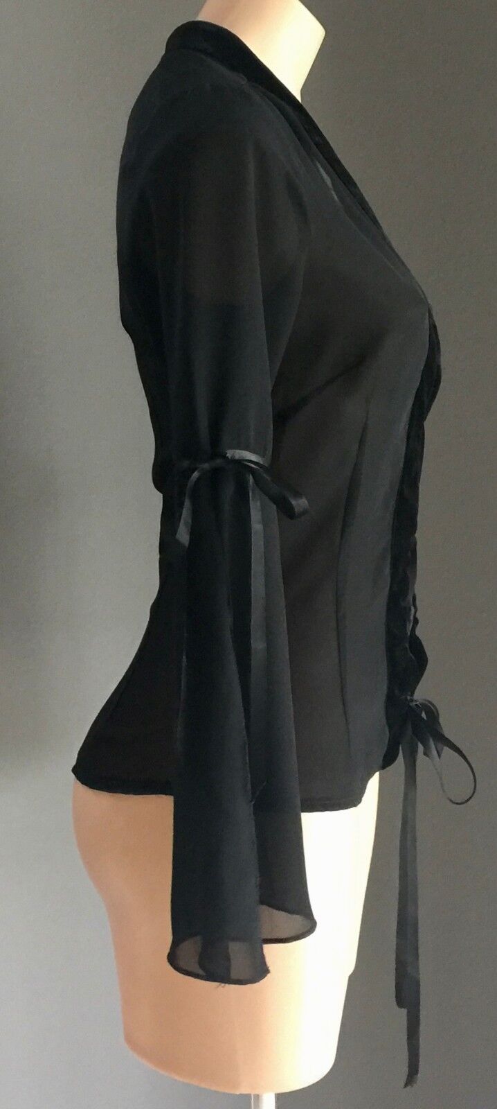 NEW YORK Blouse Black Lace Up Sheer Bell Sleeve w Velour Trim Top Size 8 10 NEW