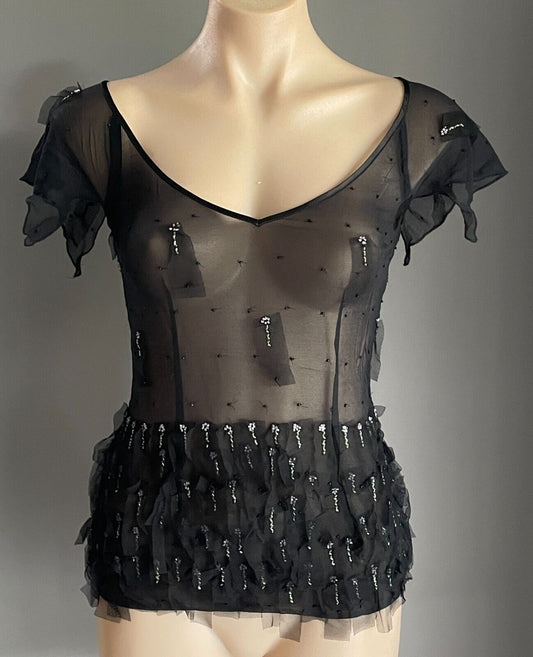 LISA BARRON Top Black Silk Sheer Cap Sleeve Blouse Mesh Net & Beads Luxe Size 10